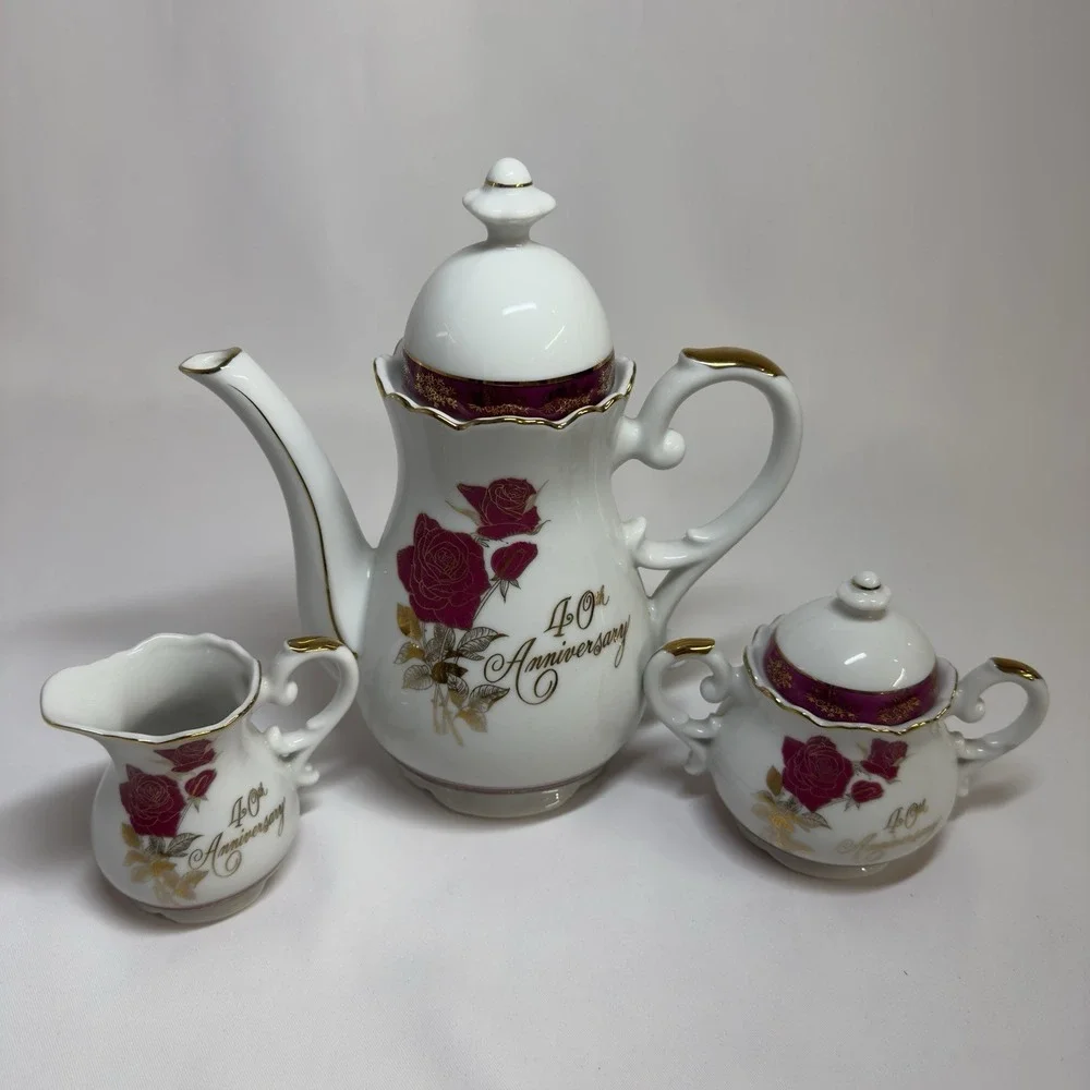 Vintage Nasco 40th Anniversary Fine China Tea Set 3pc White Gold Red Roses Japan